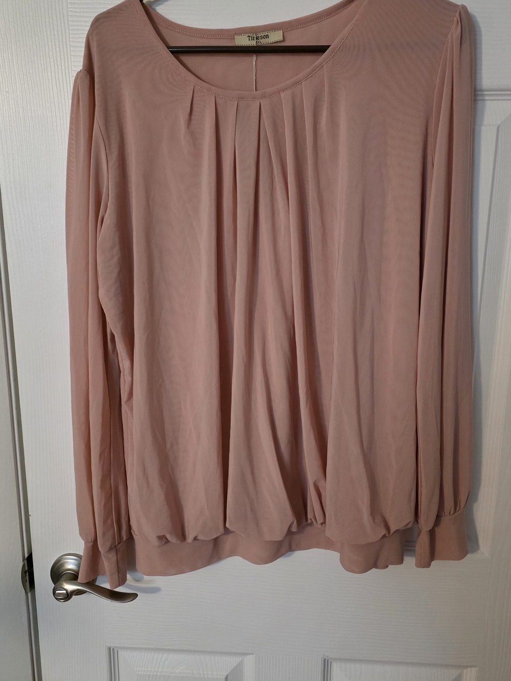 Pleated Blush Pink Long-Sleeve Women's Blouse With Waistband